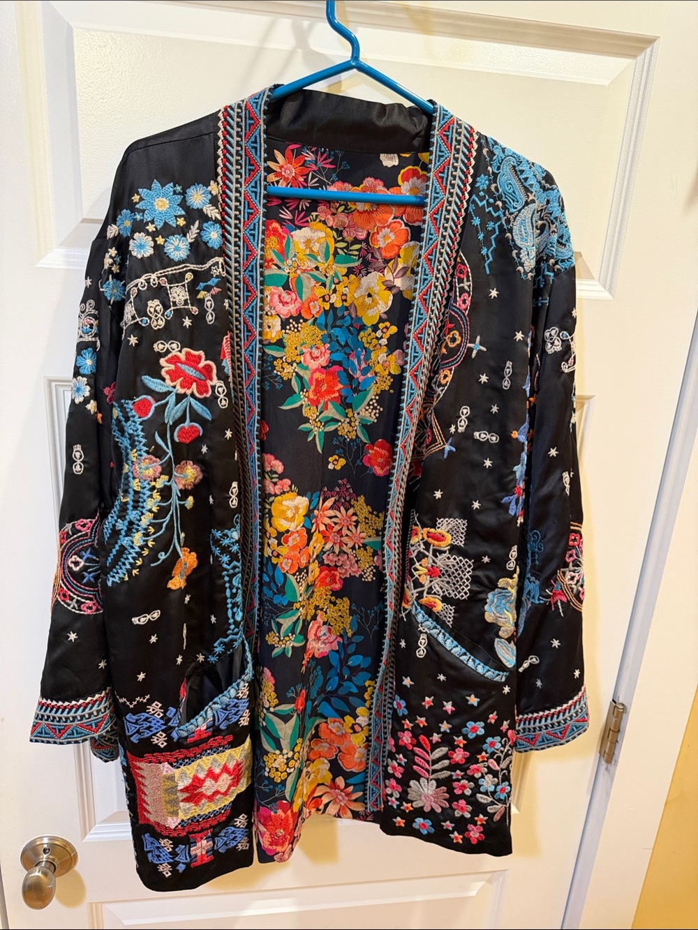 Johnny Was Black Embroidered Floral Duster with Multicolor Accents NWT